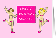 Lesbian Happy Birthday Sweetie Cartoon Dancing Ladies Wearing Hearts card