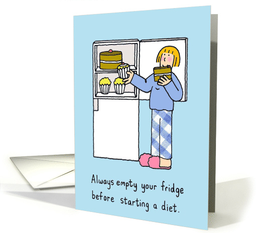 Dieting Cartoon Lady Emptying a Fridge Before her Diet Starts card