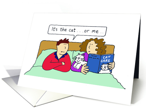 Happy Birthday Cat Lover Couple in Bed with their Cat Cartoon card