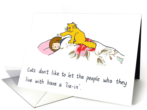 Cartoon Cat Waking Woman in Bed Up Cartoon Humor card (1056589)