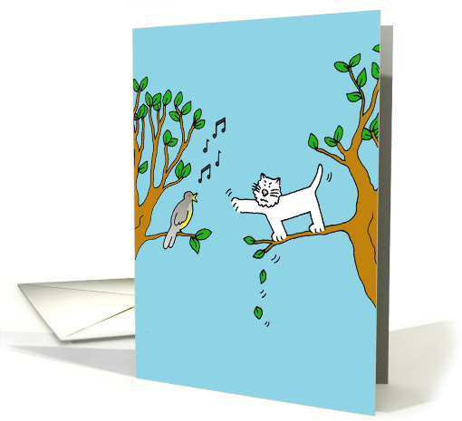 Good Luck Cartoon Cat on a Branch Trying to Catch a Bird. card