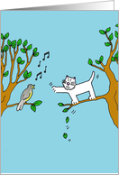 Good Luck Cartoon Cat on a Branch Trying to Catch a Bird. card