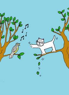 Good Luck Cartoon Cat on a Branch Trying to Catch a Bird.