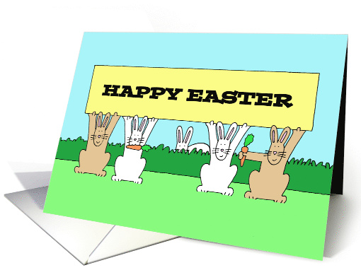 Cartoon Easter Bunnies Eating Carrots and Holding a Banner card