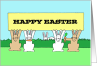 Cartoon Easter Bunnies Eating Carrots and Holding a Banner card