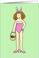 Easter Bunny Cartoon Lady Wearing Bunny Ears with Basket of Eggs card
