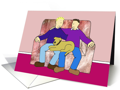 Gay Male Couple Anniversary Two Men With Their Pet Dog Cartoon card