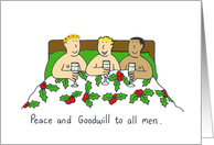 Christmas Cartoon Gay Threesome Peace and Goodwill to All Men card