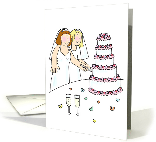 Two Cartoon Brides Cutting a Multi Tiered Cake Congratulations card