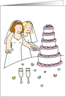 Two Cartoon Brides Cutting a Multi Tiered Cake Congratulations card