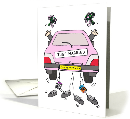Cartoon of Two Grooms, Civil Partnership Just Married Car . card
