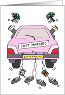 Cartoon of Two Grooms, Civil Partnership Just Married Car . card