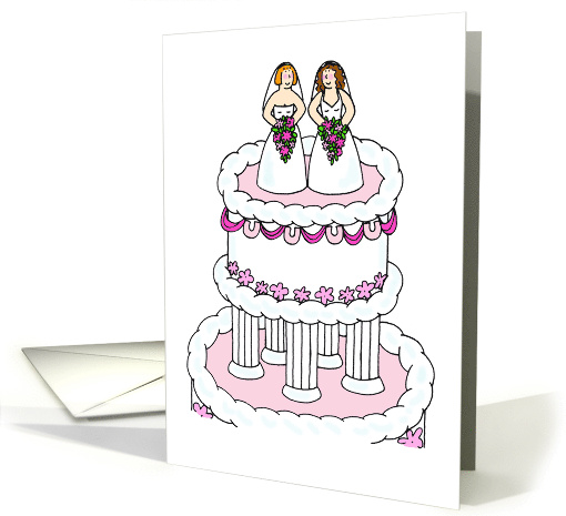 Two Cartoon Brides on a Cake Lesbian Wedding Congratulations card