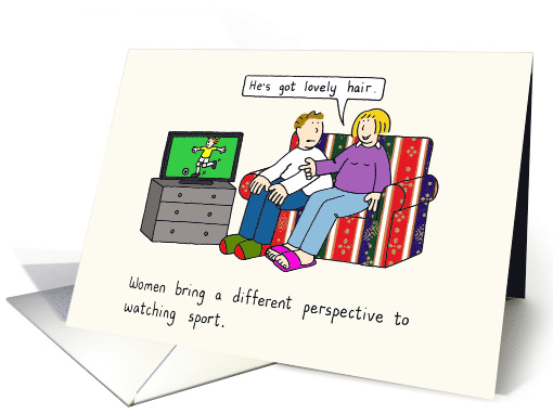 Women Watching Sport on TV, Cartoon Couple Humor. card (1079226)