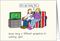 Women Watching Sport on TV, Cartoon Couple Humor. card