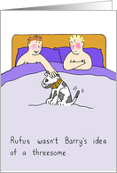 Gay Threesome Birthday Cartoon Two Men and a Dog in Bed card
