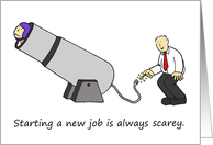 New Job Good Luck Cartoon Man and Cannon card