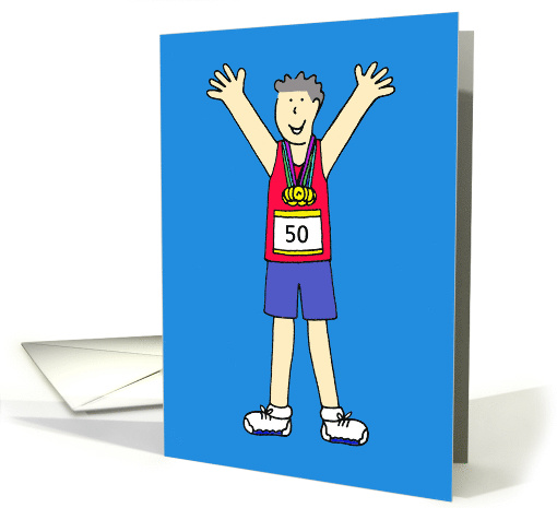 Congratulations on Running 50th Marathon for Him Cartoon card