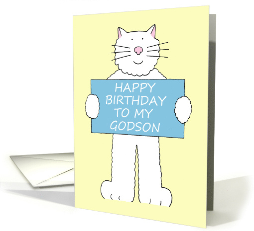 Happy Birthday Godson Cartoon Large White Cat Holding a Sign Up card