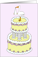 New Baby Congratulations Fun Cartoon Stork on a Cake Holding a Baby card