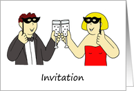 Masked Costume Party Invitation, Cartoon Couple with Champagne. card