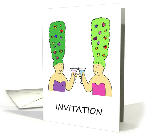 Hair and Cocktails Invitation Cartoon Women with Flower Beehives card