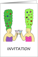 Hair and Cocktails Invitation Cartoon Women with Flower Beehives card