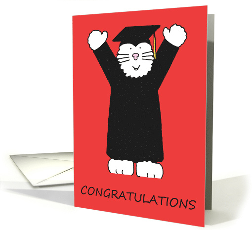 Graduation Congratulations Cartoon White Cat in Graduation Outfit card