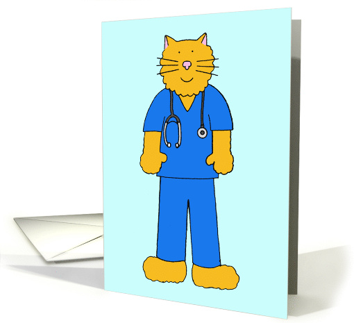 Happy Nurses Day Cartoon Cat in Scrubs and with a Stethoscope card