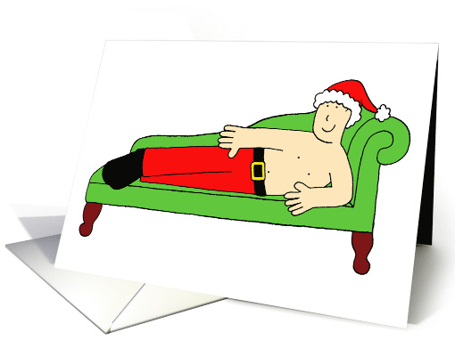 Funny Semi Naked Cartoon Man Wearing a Santa Hat and Trousers card