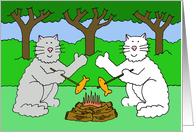Thinking of You at Summer Camp Cartoon Cats Waving and Eating Fish card