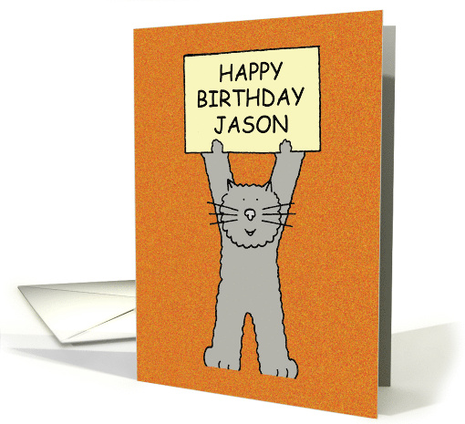 Happy Birthday Jason Cartoon Grey Cat Holding a Banner Up card