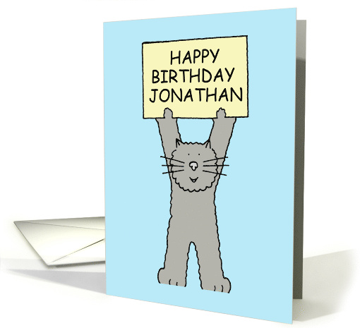 Happy Birthday Jonathan Cute Cartoon Cat Holding Up a Banner card