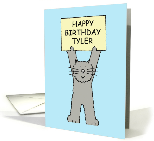 Tyler Happy Birthday Cartoon Grey Kitten Holding a Banner Up card