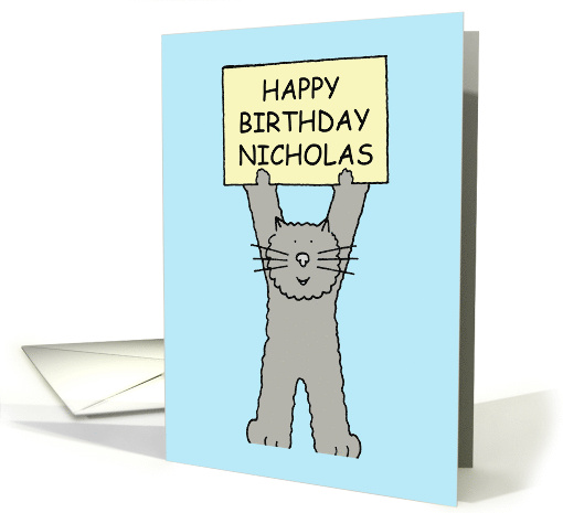 Happy Birthday Nicholas Cute Grey Cat Illustration card (1098824)