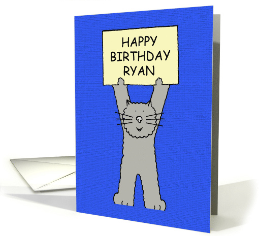 Happy Birthday Ryan Cute Cartoon Grey Cat with a Banner card (1098834)