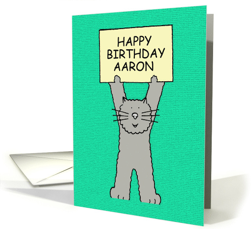 Happy Birthday Aaron Cute Grey Cat Standing Holding a Banner card