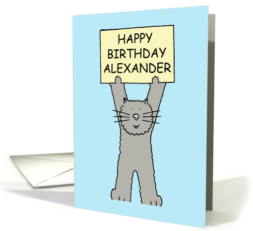 Happy Birthday Alexander Cartoon Grey Cat Holding Up a Sign card