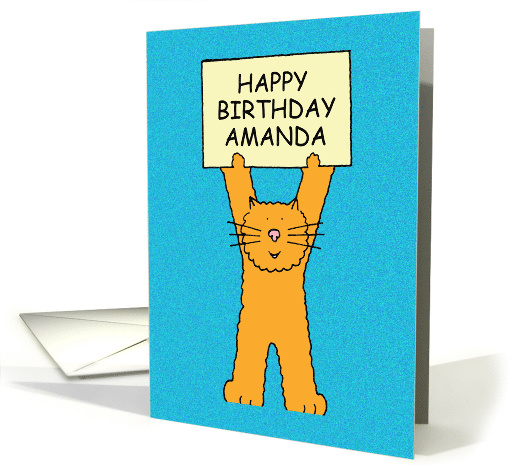 Happy Birthday Amanda Ginger Cartoon Cat Holding a Banner card