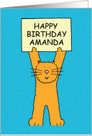 Happy Birthday Amanda Ginger Cartoon Cat Holding a Banner card