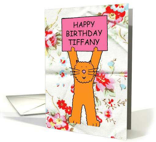 Happy Birthday Tiffany Cartoon Ginger Cat with a Banner
