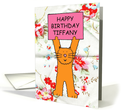 Happy Birthday Tiffany Cartoon Ginger Cat with a Banner card (1099312)