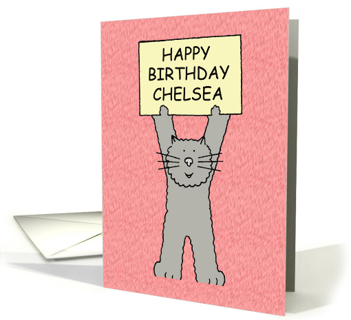 Happy Birthday Chelsea Cute Cartoon Grey Cat card (1099332)