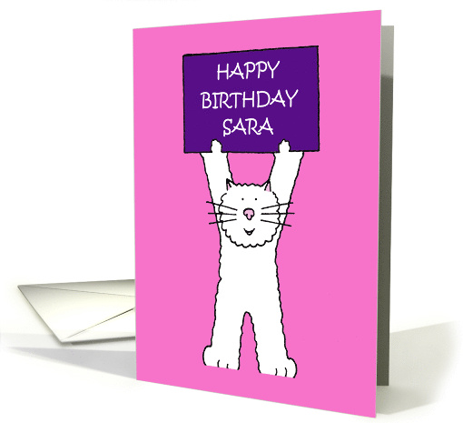 Happy Birthday Sara Cartoon Grey Cat Holding a Banner card (1099338)