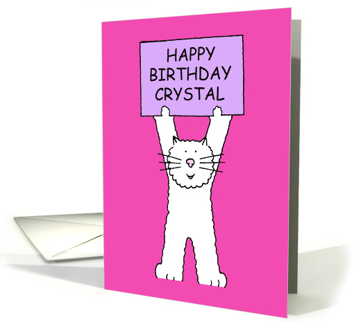Happy Birthday Crystal Cute Cartoon White Cat Holding a Banner card