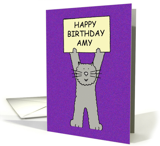Happy Birthday Amy Cartoon Grey Cat Holding a Banner card (1100076)