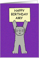 Happy Birthday Amy Cartoon Grey Cat Holding a Banner card