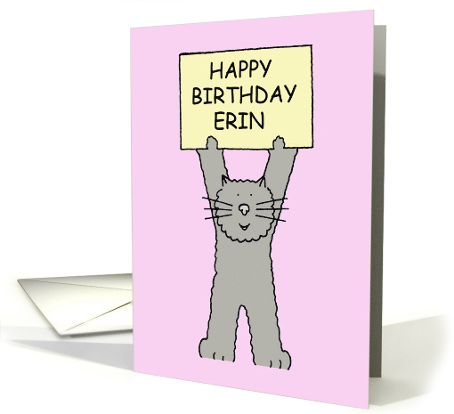 Happy Birthday Erin Cute Cartoon Kitten Holding Up a Banner card