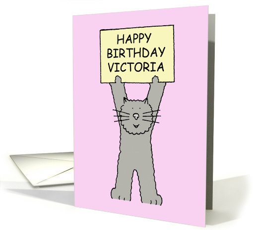 Happy Birthday Victoria Cute Grey Cat Standing Holding a Banner card