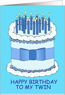 Happy Birthday to My Twin Cartoon Cake and Lit Candles card